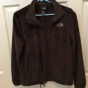 brown furry north face jacket